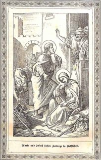 Maria und Joseph suchen Herberge in Bethlehem: Während Maria müde auf der Stufe sitzt, den Kopf auf den Arm gestützt, fragt der hl. Jospeh an der Türe nach einer Herberge
