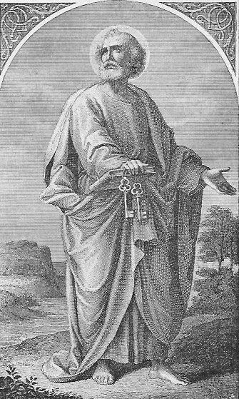 Der heilige Petrus steht im antiken Gewand gekleidet, den Kopf nach links gewandt. die recht Hand nach rechts ausgestreckt, in der rechten Hand hält er ein Buch sowie die zwei Schlüssel als päpstliche Insignien