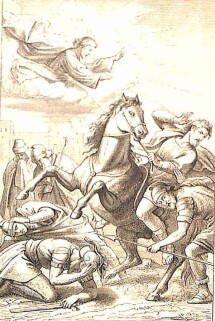 In den Wolken erscheint Christus dem Saulus, der vom Pferd auf den Boden fällt, da das Pferd quasi scheut; die Soldaten als seine Begleiter fallen ebenfalls zu Boden, halten sich die Ohren zu, bedecken ihren Kopf und sind voll Angst