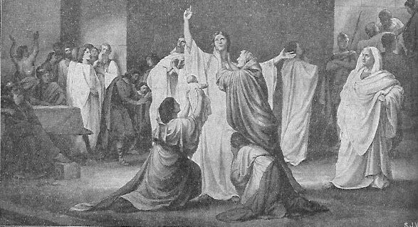 Zur Zeit der Päpste der Katakomben Verurteilter Christ verabschiedet sich von seinen Mitchristen