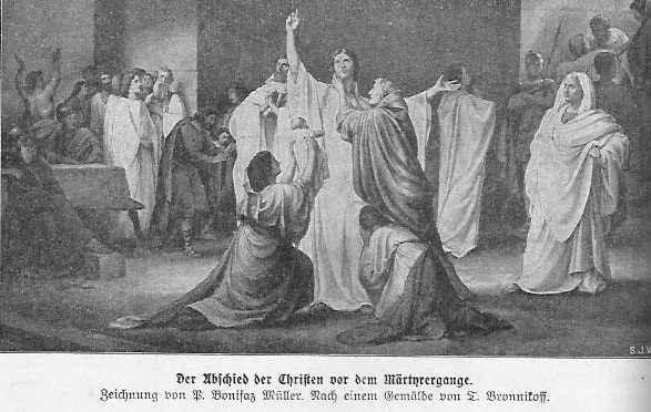 Zur Zeit der Päpste der Katakomben Ein verurteilter Christ zeigt mit der Hand zum Himmel