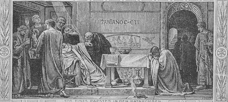Zur Zeit der Päpste der Katakomben Tod eines Papstes im Stuhl sitzend während die Christen trauern