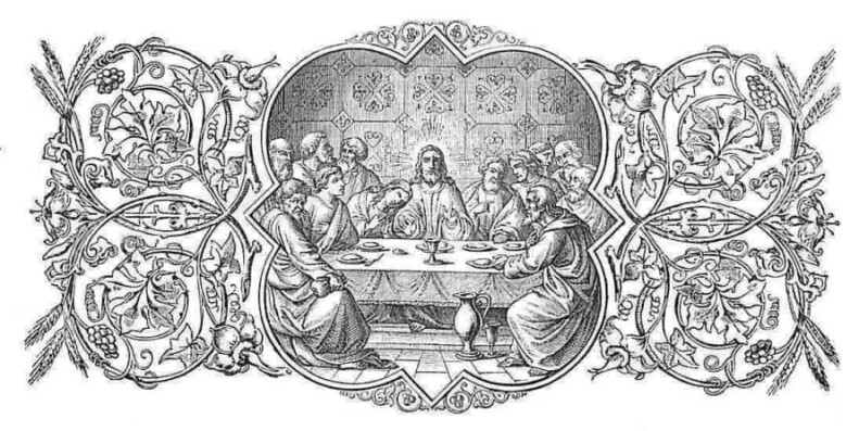 Von Blumengirlanden umrankt sieht man in der Mitte den Abendmahlstisch, an dem Jesus das allerheiligste Altarsakrament einsetzte mit den Konsekrationsworten; die Apostel sitzen um den Tisch, während Judas Iskariot bereits mit dem Geldbeutel wartet fortzugehen