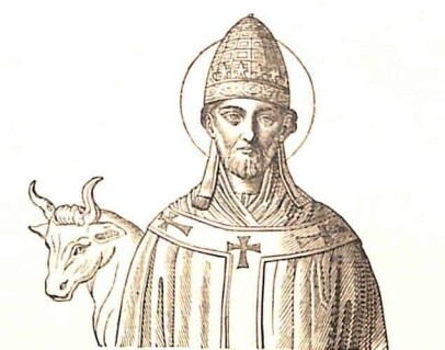 Eine alte Zeichnung des Papstes Silvester; er ist dargestellt in päpstlichem Gewand der damaligen Zeit, hinter ihm schaut ein Stier hervor