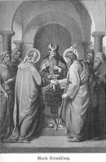 Die Verlobung und Vermählung Marias mit Joseph: beide stehen vor dem jüdischen Priester und halten sich die Hand; der hl. Joseph hält einen Stab mit einer Blume in der Hand; als Zeugen sind auf Seiten Marias zwei Frauen und auf der Seite Josephs zwei Männer