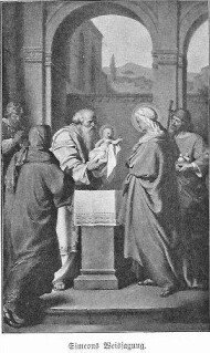 Im Tempel hält der heilige Greis Simeon das Jesuskind in Händen, die Mutter Jesu Maria sowie der hl. Joseph und die hl. Anna stehen ebenfalls dabei