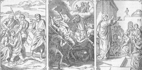 Auf diesem Dreifachbild sieht man in der Mitte die Erscheinung Jesu am Himmel in den Wolken, das Kreuz in der Hand; Saulus fällt vom Pferd, blind geworden, die Soldaten verstecken sich vor Furcht; im linken Bild sieht man Saulus, wie er die Christen verfolgt, er steht mit dem Schwert an der Seite und befiehlt den Schergen, zwei junge Christen in Gewahrsam zu nehmen, der eine Jüngling trägt ein Kreuz in der Hand; auf dem rechten Bild sieht man den bekehrten Paulus, wie er dem Volk von Christus predigt