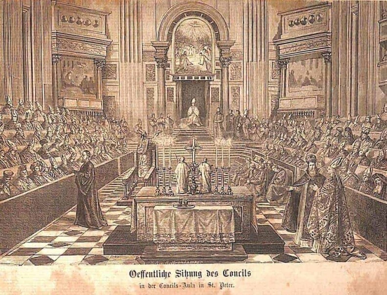 Öffentliche Sitzung des Konzils von 1869/70 in St. Peter; vorne ist ein Altar zusehen