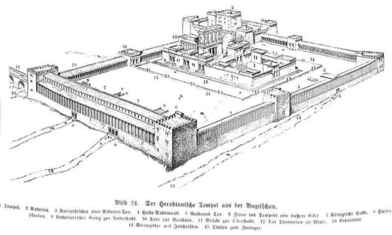 Der herodianische Tempel von Jerusalem in der Vogelschau; eine Zeichnung der Anlage, wie der Tempel vom Jerusalem in die verschiedenen Bereiche eingeteilt war