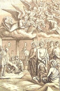 Die heiligen vierzig Märtyrer stehen auf dem Eis in der Kälte, während die Soldaten um ein Feuer herum sitzen; einer der vierzig hält die Marter nicht mehr aus und geht ins warme Bad; über den Heiligen auf dem Eis sieht man zahlreiche Engel, die bereits die Märtyrerkronen in Händen halten