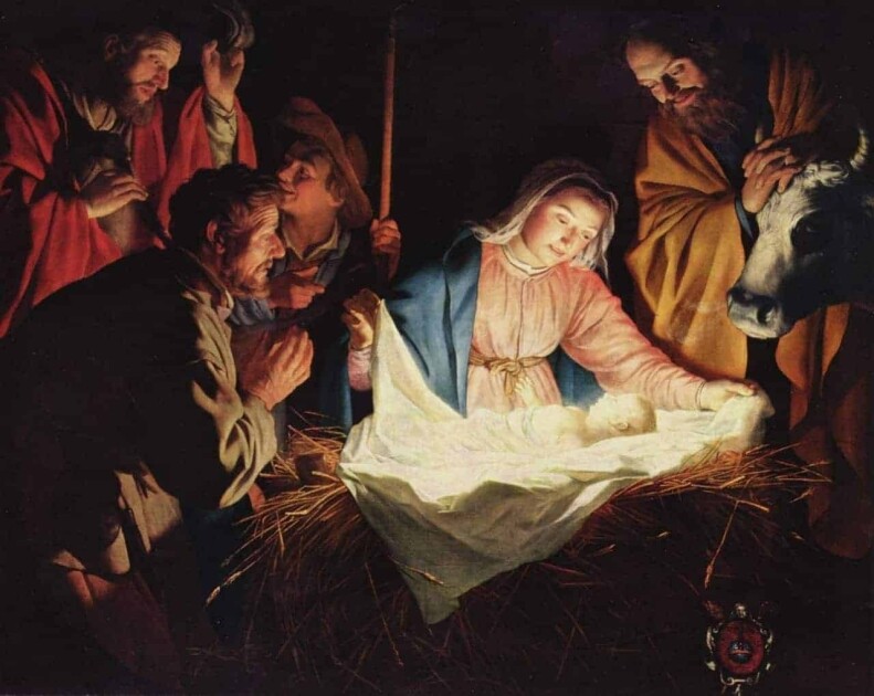 Der hochheilige Weihnachtstag: Die Geburt unseres Heilandes Jesus Christus; das Jesuskindlein liegt in der Krippe, von hellem Licht umstrahlt ebenso wie Maria, die ihr Kind beseelt anschaut; Joseph und Hirten stehen im Dunkeln und beten das göttliche Jesuskind an