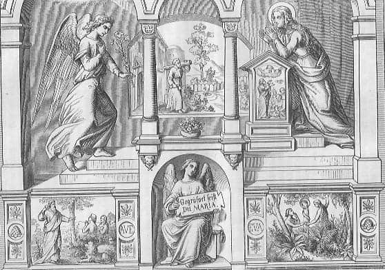 Ein Bild mit einigen Bildern: der obere Teil des Bildes zeigt die Verkündigung: Maria rechts am Betpult kniend, der Engel Gabriel links mit einer Lilie in der Hand; im unteren Bereich ist in der Mitte ein Engel, den Anfang des Gebetes Ave Maria auf einem Schild zeigt; rechts davon davon ist ein Bild mit Adam und Eva im Paradies zu sehen; links ist ein Bild des Sündenfalls
