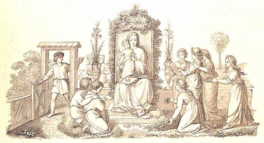 In der Mitte des Bildes sitzt Maria, umrankt von Kletterpflanzen; sie hält ihren Sohn Jesus, der bei ihr auf einem Polster steht; rechts stehen und knien Mädchen, geschmückt mit Blumenkränzen im Haar; sie singen und bringen der Muttergottes Blumen; auf der linken Seite sieht man zwei Jungen, die knien und ebenfalls singen; ein Bursche kommt gerade durch das Gartentor hinzu