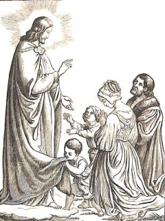 Jesus Christus in Seiner göttlichen Majestät lehrt die Kinder das vierte Gebot; der kleine Junge küßt den Saum des Gewandes Jesu, Vater und Mutter knien vor dem Heiland in frommer Ehrfurcht