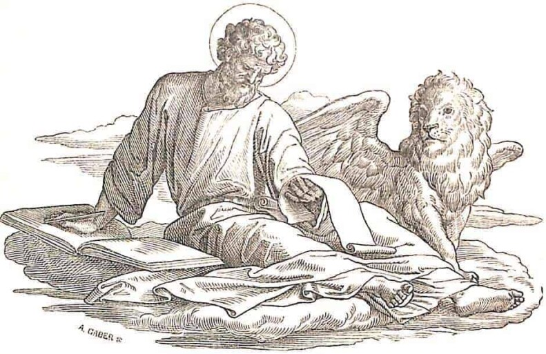Der heilige Evangelist Markus sitzt auf einer Art Wolke, den rechten Arm aufgestützt auf ein Buch, einen Stift zum Schreiben in der Hand, in der linken Hand hält er eine Schreibrolle; neben ihm sitzt ein geflügelter Löwe