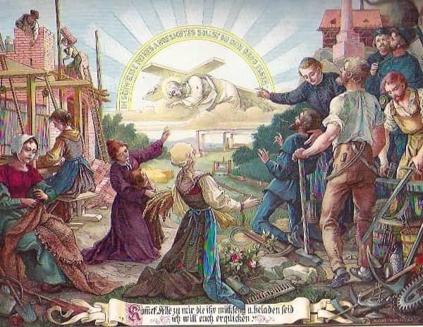Man sieht auf dem farbigen Bild den Arbeiterstand, Männer und Frauen bei ihrer Arbeit; ein Priester zeigt auf Christus, der unter der Last des Kreuzes fällt; dieses ist zu sehen im Hintergrund am Himmel
