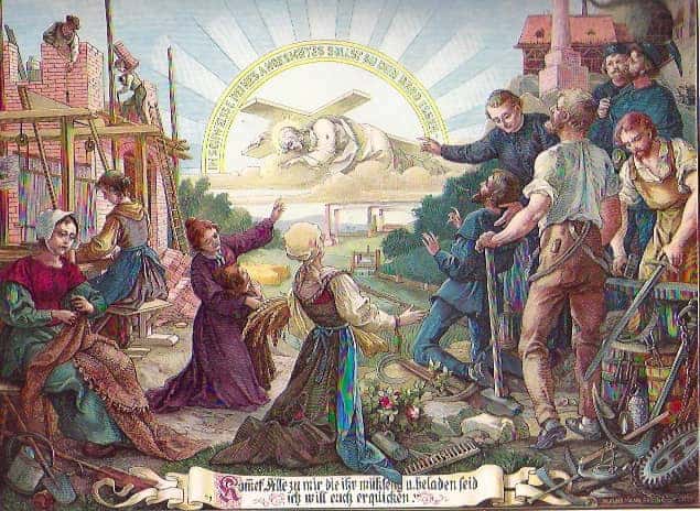 Man sieht auf dem farbigen Bild den Arbeiterstand, Männer und Frauen bei ihrer Arbeit; ein Priester zeigt auf Christus, der unter der Last des Kreuzes fällt; dieses ist zu sehen im Hintergrund am Himmel