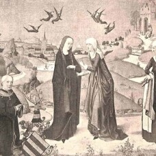 Ein mittelalterliches Bild, auf dem Maria und Elisabeth zu sehen sind; Elisabeth trägt eine Art Ordenskleidung, ebenso die Frau, die ganz rechts im Bild zu sehen ist; links ist ein Geistlicher zu sehen, der auf dem Boden kniet; in der Luft sind sechs Engel zu sehen; im Hintergrund sind mittelalterliche Gebäude zu sehen wie z.B. eine Burg