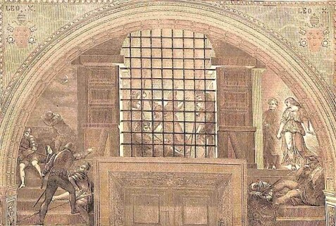 Petrus im Gefängnis wird durch einen Engel befreit; die Wächter sind vom Licht geblendet und liegen oder sitzen auf dem Boden