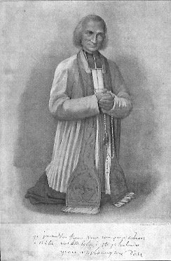 Eine Porträtzeichnung des heiligen Pfarrers von Ars, Johannes Baptist Vianney, der auch sein Kreuz trug, der selig lächelnd auf dem Boden kniet und die Hände zum Gebet gefaltet hält
