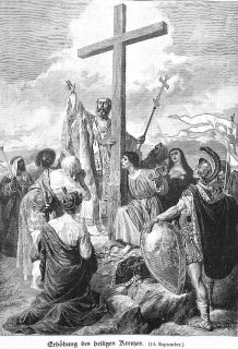 Das Kreuz wurde wieder zurück erobert und nun mit Freuden aufgestellt; der Bischof steht neben dem Kreuz und erhebt die rechte Hand; ein Jüngling umfaß den Kreuzesstamm und küßt ihn; weitere Frauen und Männer stehen oder knien dabei