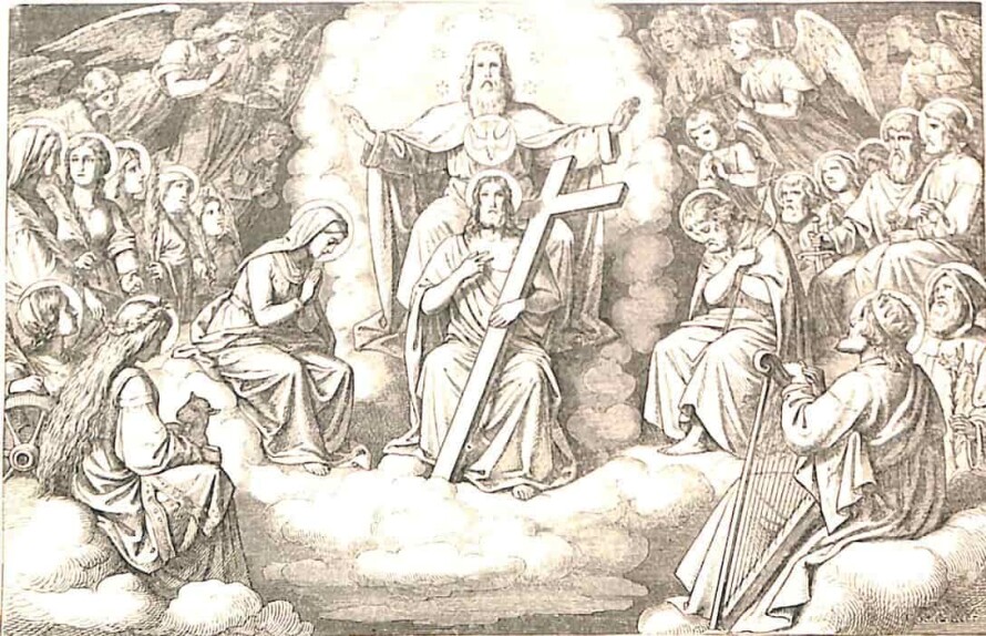 Die allerheiligste Dreifaltigkeit, die Trinität in Gott Vater, Gott Sohn Jesus Christus mit dem Kreuz in der Hand und Gott Hl. Geist als Taube sind im Zentrum; um sie herum sieht man auf beiden Seiten anbetende Engel, auf der linken Seite sind die heiligen Jungfrauen und Märtyrerinnen, auf der rechten Seite die heiligen Männer zu sehen