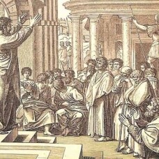 Der heilige Völkerapostel Paulus predigt mit erhobenen Händen Christus vor den Griechen, insbesondere den Weisen und Philosophen, die frohe Botschaft Jesu Christi