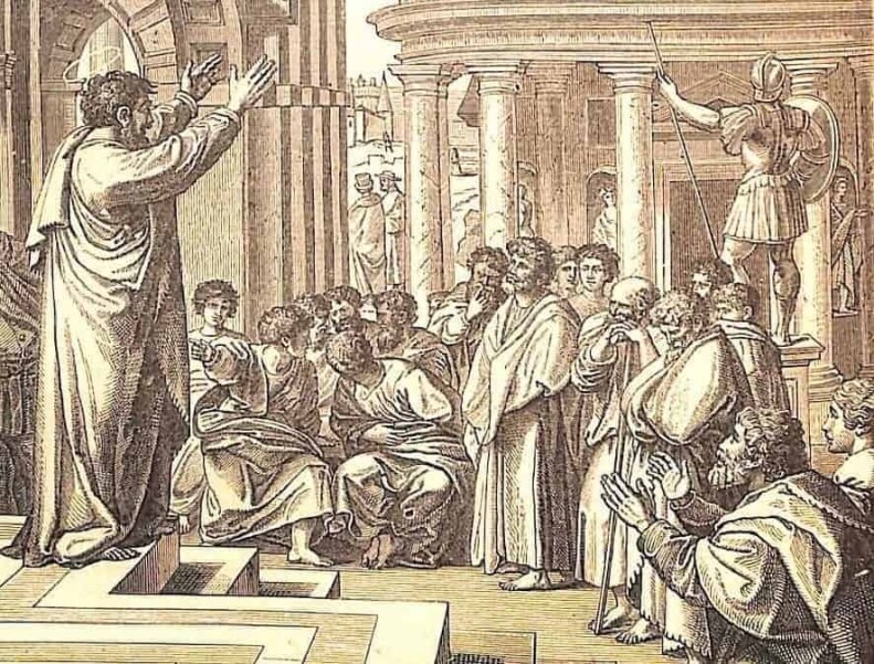 Der heilige Völkerapostel Paulus predigt mit erhobenen Händen Christus vor den Griechen, insbesondere den Weisen und Philosophen, die frohe Botschaft Jesu Christi