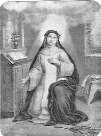 Die heilige Katharina von Siena kniet am Boden, umstrahlt von einem himmlischenLicht, das auf sie fällt; links von ihr ist ein Lesepult mit einem Gebetbuch