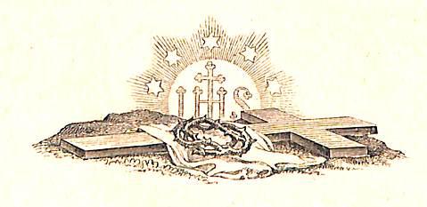 Ein Kreuz auf dem Boden liegend, ei Tuch und eine Dornenkrone liegen darauf, dahinter ist das Zeichen IHS von Strahlen und Sternen umrankt