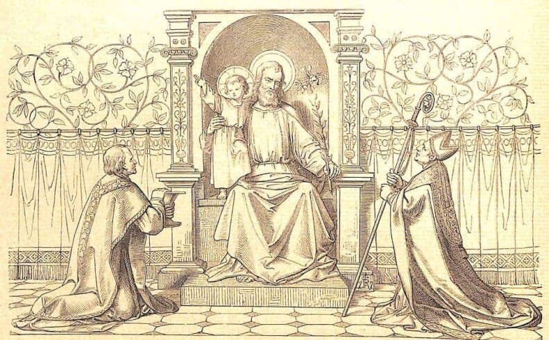 Der heilige Joseph sitzt auf einem Thron, das Jesuskind steht links und wird vom heiligen Joseph gehalten, in der Hand hält er einen Lilienzweig; vor ihnen knien rechts ein Mann in päpstlicher Kleidung und links ein Priester