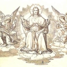 Christus sitzt in der Mitte, beide Hände ausgebreitet, so daß die Wundmale zu sehen sind; auf Seiner Brust ist Sein heiligstes Herz zu sehen; Er ist von einer Sonne umrahmt; rechts und links von Ihm knien je drei Engel, die Ihn anbeten
