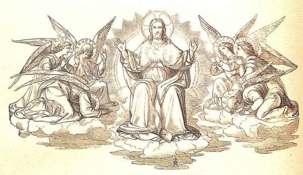 Christus sitzt in der Mitte, beide Hände ausgebreitet, so daß die Wundmale zu sehen sind; auf Seiner Brust ist Sein heiligstes Herz zu sehen; Er ist von einer Sonne umrahmt; rechts und links von Ihm knien je drei Engel, die Ihn anbeten