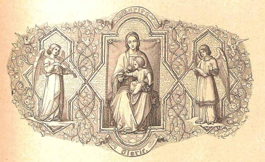 Die Muttergottes Maria sitzt auf ihrem Himmelsthron, rechts und links von ihr stehen zwei Engel