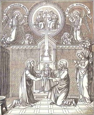 Dieses prachtvolle Bild zeigt Maria als neugeborenes Kind, von ihren Eltern, dem hl. Zacharias und der hl. Elisabeth gehalten; im Hintergrund sieht man im oberen Bereich die heiligste Dreifaltigkeit, von der ein Lichtstrahl auf das Kind ausstrahlt; links und rechts von der Dreifaltigkeit sieht man je zwei Engel, jeweils einer hält einSchriftband