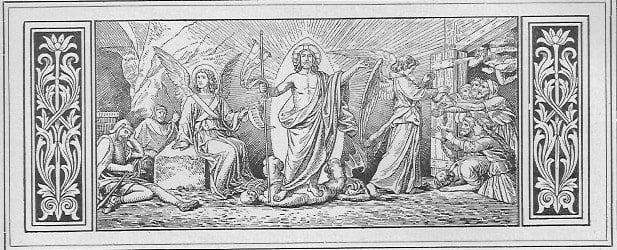 Christus ist auferstanden, mit der Siegesfahne in der Hand; links sitzt ein Engel auf einem Stein, hinter ihm sind die zwei schlafenden Wächter; rechts ist ein Engel zu sehen, der sich zu den Verstorbenen in der Vorhölle hinwendet, die schon zu sehen sind