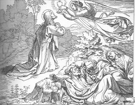 Jesus kniet im Ölgarten, ein Engel reicht ihm den Kelch, im Vordergrund liegen die drei Jünger und schlafen