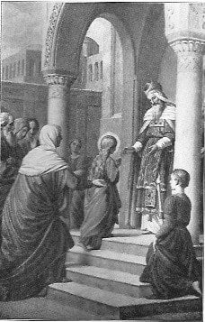 Maria Opferung, d. h. Darbringung im Tempel; Maria geht die Stufen hinauf zum Priester, der sie empfängt; hinter ihr ist ihre heilige Mutter Anna, die sie dem Priester darbringt