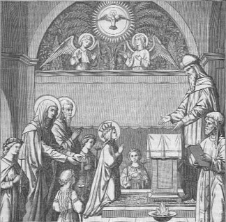 Mariä Opferung: Maria als kleines Mädchen, schon die Krone ihrer zukünftigen Verherrlichung als Königin des Himmels, geht die Stufen hinauf zum jüdischen Priester, der sie mit ausgebreiteten Händen empfängt; hinter ihr sind ihre Eltern, die hl. Anna und der hl. Joachim sowie einige Jungfrauen; im Hintergrund sind zwei Engel sowie der Heilige Geist als Taube zu sehen
