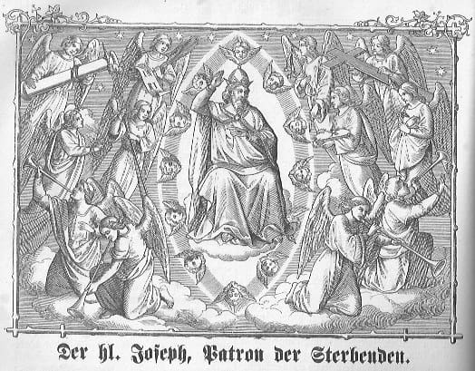 Der heilige Joseph ist der Patron der Sterbenden: er sitzt auf einer himmlischen Wolke, majestätisch mit einer Krone geschmückt; um ihn herum sind Engel, im Vordergrund sind vier mit Posaunen zu sehen; hinter ihnen sind Engel mit verschiedenen Gegenständen, u. a. einem Kreuz zu sehen; um den hl. Joseph sind Engelsköpfe angeordnet