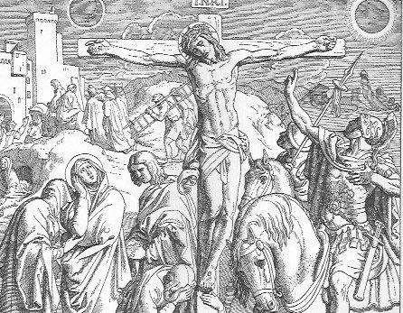 Jesus Christus hängt am Kreuz; rechts vor ihm sitzt Longinus auf seinem Pferd, links stehen Maria und Johannes; im Hintergrund sieht man die Schergen und Juden fortgehen