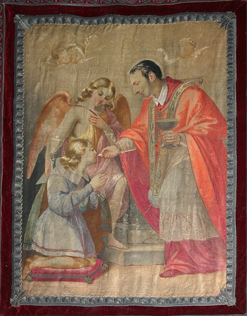 Kommuniongebete: Der hl. Karl Borromäus spendet dem hl. Aloysius Gonzaga die Kommunion. Goldbestickter Gobelin aus rotem Samt aus dem 19. Jhd. in Mailand