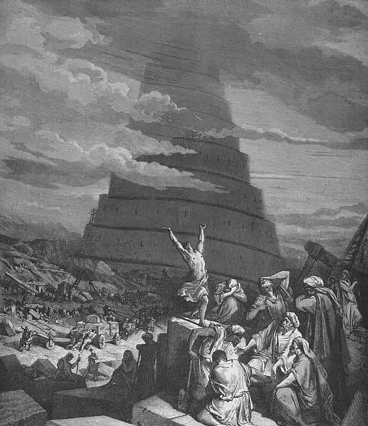 Turmbau zu Babel und Zerstreuung der Völker: Bibelillustration von Gustave Doré (1865)