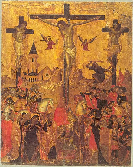 Niemand kann dem Kreuz entfliehen: Kretische Darstellung der Kreuzigungsgruppe mit Christus und den beiden Schächern