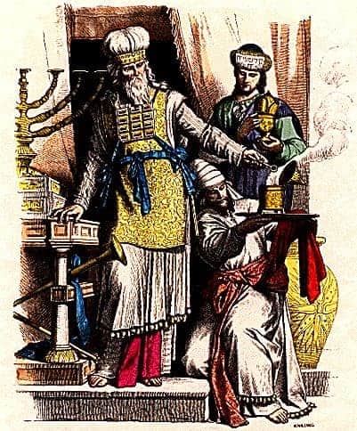 Wie die Erkenntnis so die Schuld: Darstellung eines Hohepriesters mit Brusttasche (Choschen) und zweier Leviten am Jerusalemer Tempel zur Zeit des Königreichs Juda