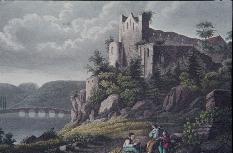 Eine alte Darstellung der Ruine Rupertsberg, die eine Rolle spielt bei dem Wunderblut eines Marienbildes