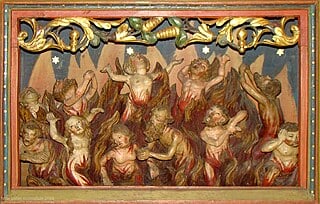 Von dem Fegefeuer nach dem Tod: Fegefeuer-Darstellung von 1519 in der Predella des Hochaltars der Bad Wimpfener Stadtkirche