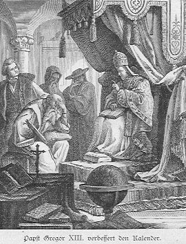 Papst Gregor XIII. sitzt auf seinem Thron in päpstlichem Ornat und scheint die Gelehrten zu belehren, was die Kalenderverbesserung betrifft