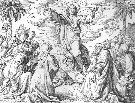 Die Himmelfahrt Jesu ist zu sehen: Jesus in Seinem verklärten Leib, schon von der Erde gehoben, segnet die Männer und Frauen mit ausgebreiteten Händen; die Apostel, Jünger und Maria knien und schauen nach oben; einer der Jünger liegt mit gefalteten Händen am Boden und betet an