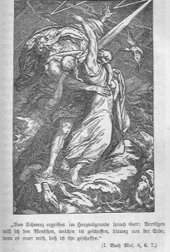 Ein Bild aus dem Strafgericht Gottes: die Sündflut vertilgt die sündigen Menschen; Blitze, Regen und Stürme toben über das Land; die Menschen versuchen sich zu retten, jedoch umsonst